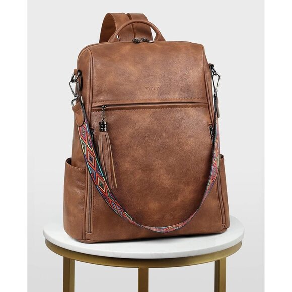 Women's Brown Retro Style Backpack Designer 15.6 inch PU Leather Laptop Bag - Picture 8 of 9